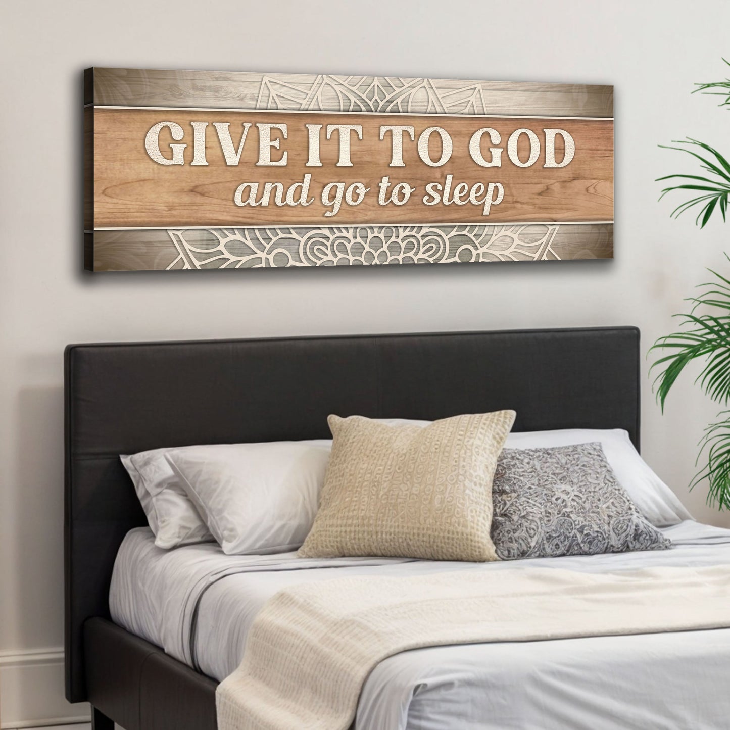 Canvas wall art sign with wood-grain panels and white letters Give It To God and go to sleep on Tampa Home & Garden Store