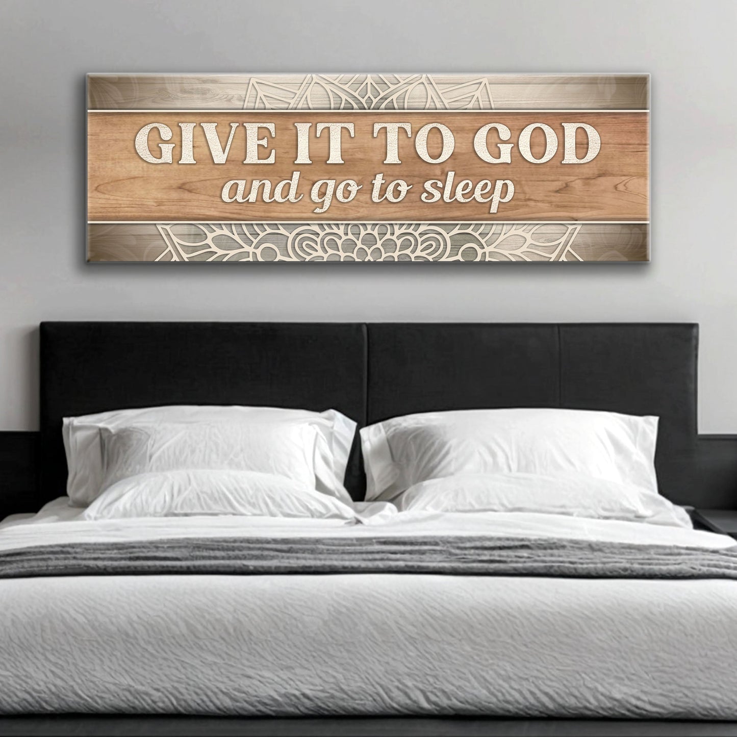 Canvas sign with wood panel reading Give It To God And Go To Sleep Faith Sign IV on Tampa Home & Garden Store