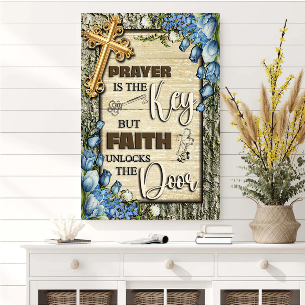 Canvas art Faith Sign IV by Tailored Canvases with beige wood panel, gold cross, blue florals on Tampa Home & Garden Store