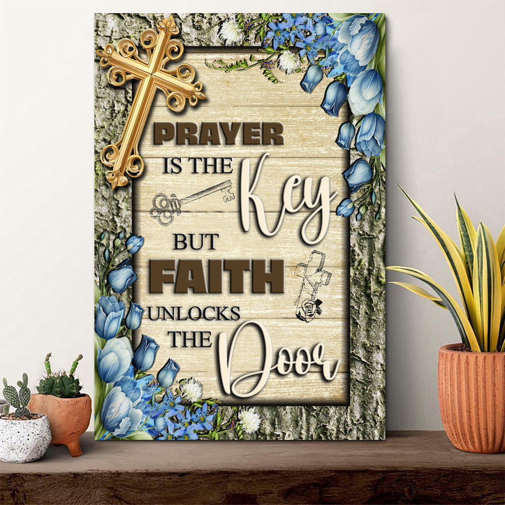Canvas faith sign IV by Tailored Canvases with cross and blue florals on wood background on Tampa Home & Garden Store