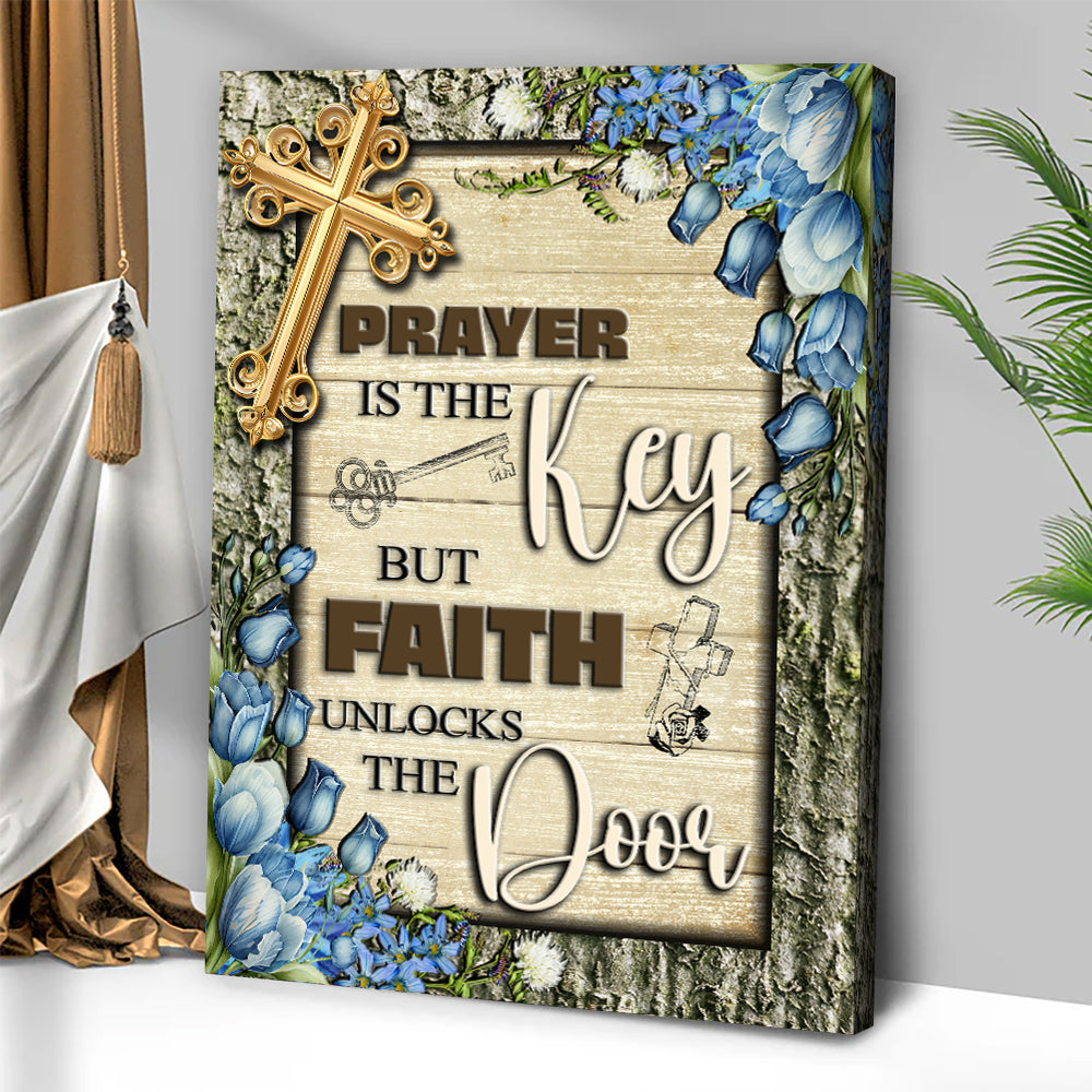 Canvas wall art Prayer Is The Key But Faith Unlocks The Door Faith Sign IV with gold cross on Tampa Home & Garden Store
