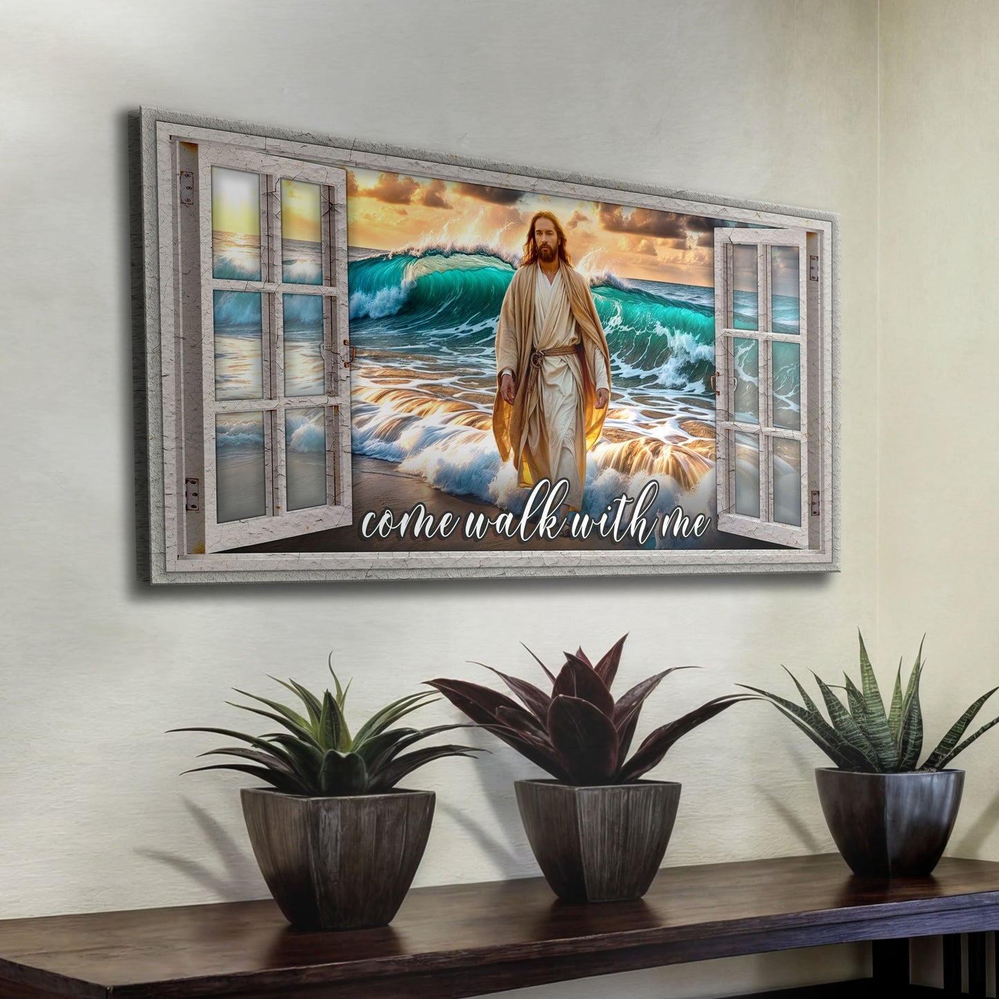 Come Walk With Me Faith Sign IV canvas by Tailored Canvases; figure on beach with waves on Tampa Home & Garden Store