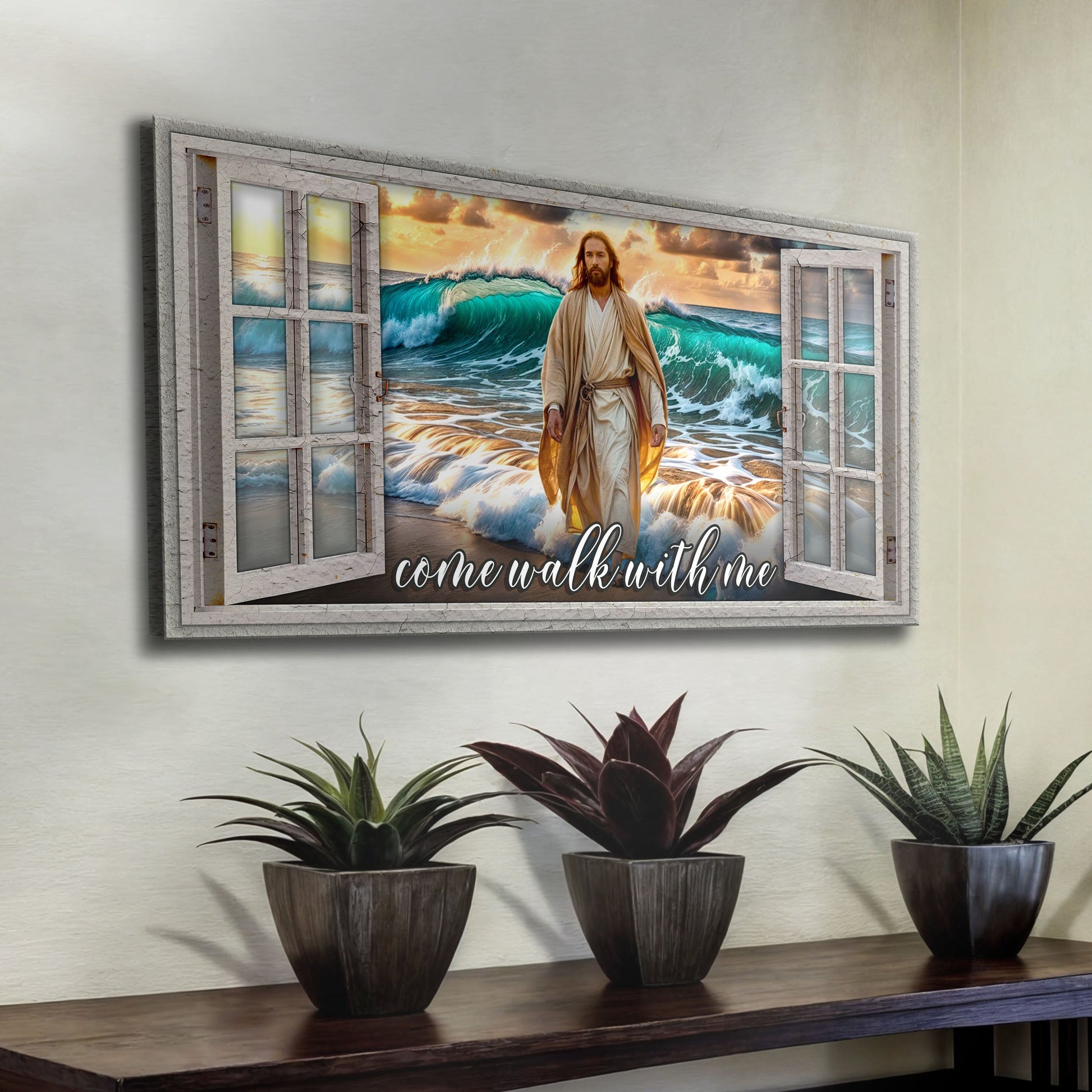 Come Walk With Me Faith Sign IV canvas by Tailored Canvases; figure on beach with waves on Tampa Home & Garden Store