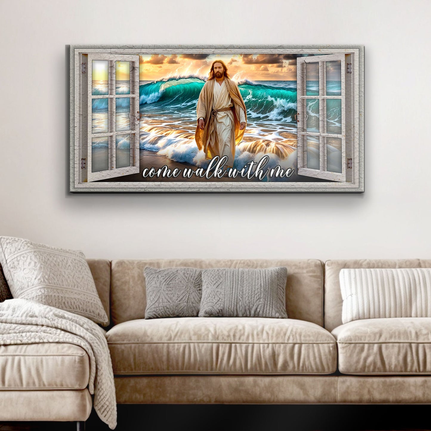 Come Walk With Me Faith Sign IV canvas artwork Jesus on waves, framed by white wood on Tampa Home & Garden Store