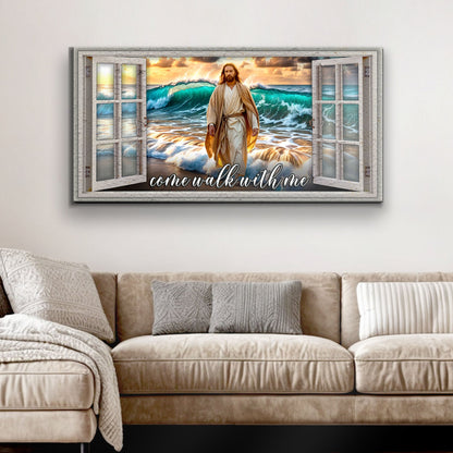 Come Walk With Me Faith Sign IV canvas artwork Jesus on waves, framed by white wood on Tampa Home & Garden Store