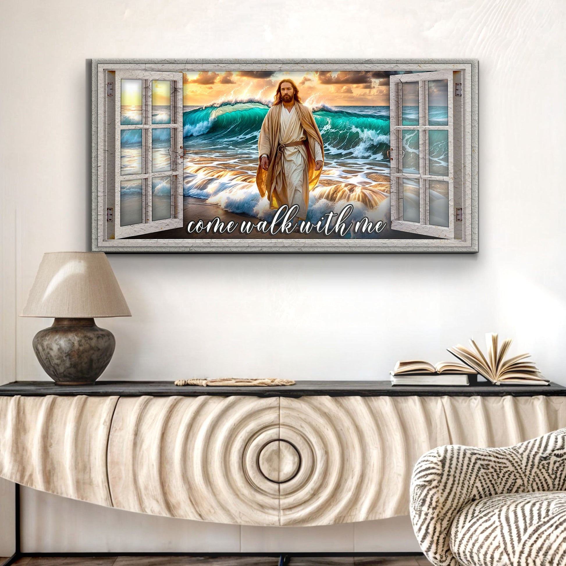 Canvas Come Walk With Me Faith Sign IV by Tailored Canvases with figure amid turquoise waves on Tampa Home & Garden Store