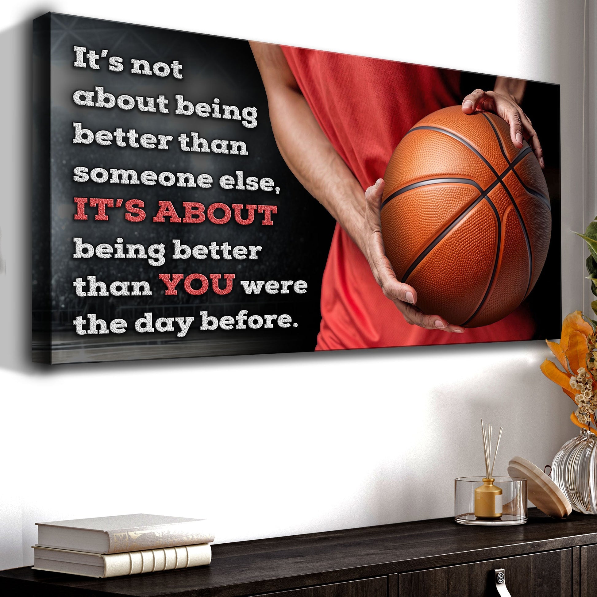 Tailored Canvases V canvas sports quote sign with white text on dark backdrop and basketball on Tampa Home & Garden Store