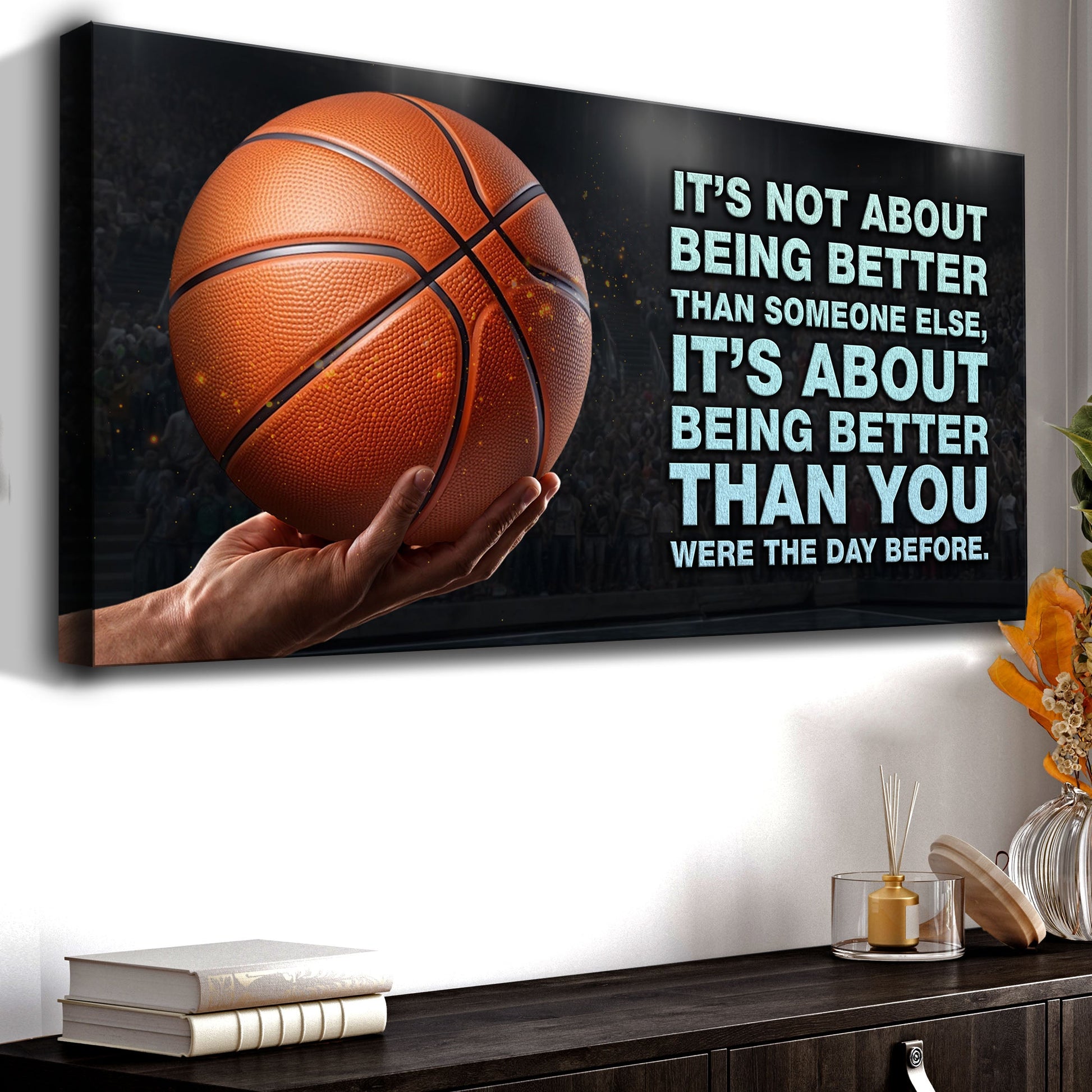 Sports quote canvas sign with basketball and teal text on right on Tampa Home & Garden Store