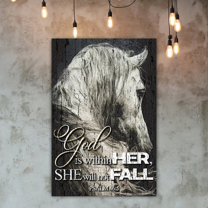 Canvas wall art featuring a horse head and verse God is within HER, SHE will not FALL Psalm 46:5 on Tampa Home & Garden Store