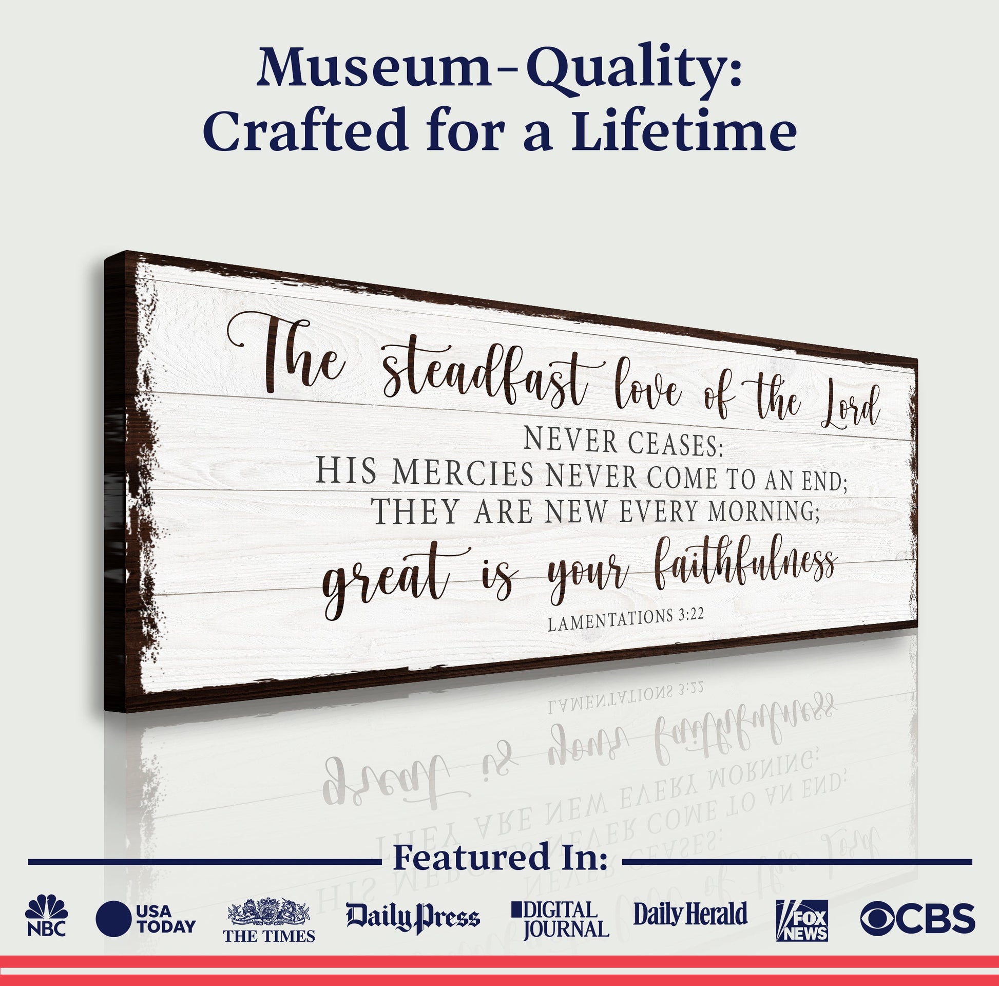Canvas Tailored Canvases wall art with Lamentations 3:22-23 on distressed white wood frame on Tampa Home & Garden Store