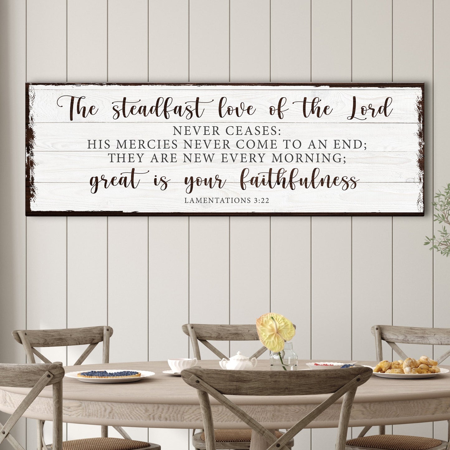 Canvas Faith Sign II The steadfast love of the Lord Lamentations 3:22-23 on white wood on Tampa Home & Garden Store