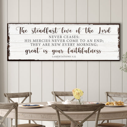 Canvas Faith Sign II The steadfast love of the Lord Lamentations 3:22-23 on white wood on Tampa Home & Garden Store