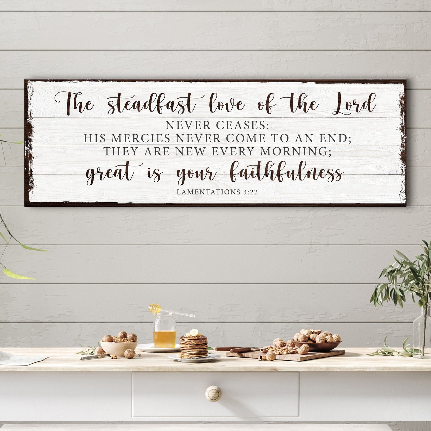 Canvas sign The Steadfast Love Of The Lord Lamentations 3:22 Faith Sign II, white planks Tailored Canvases on Tampa Home & Garden Store