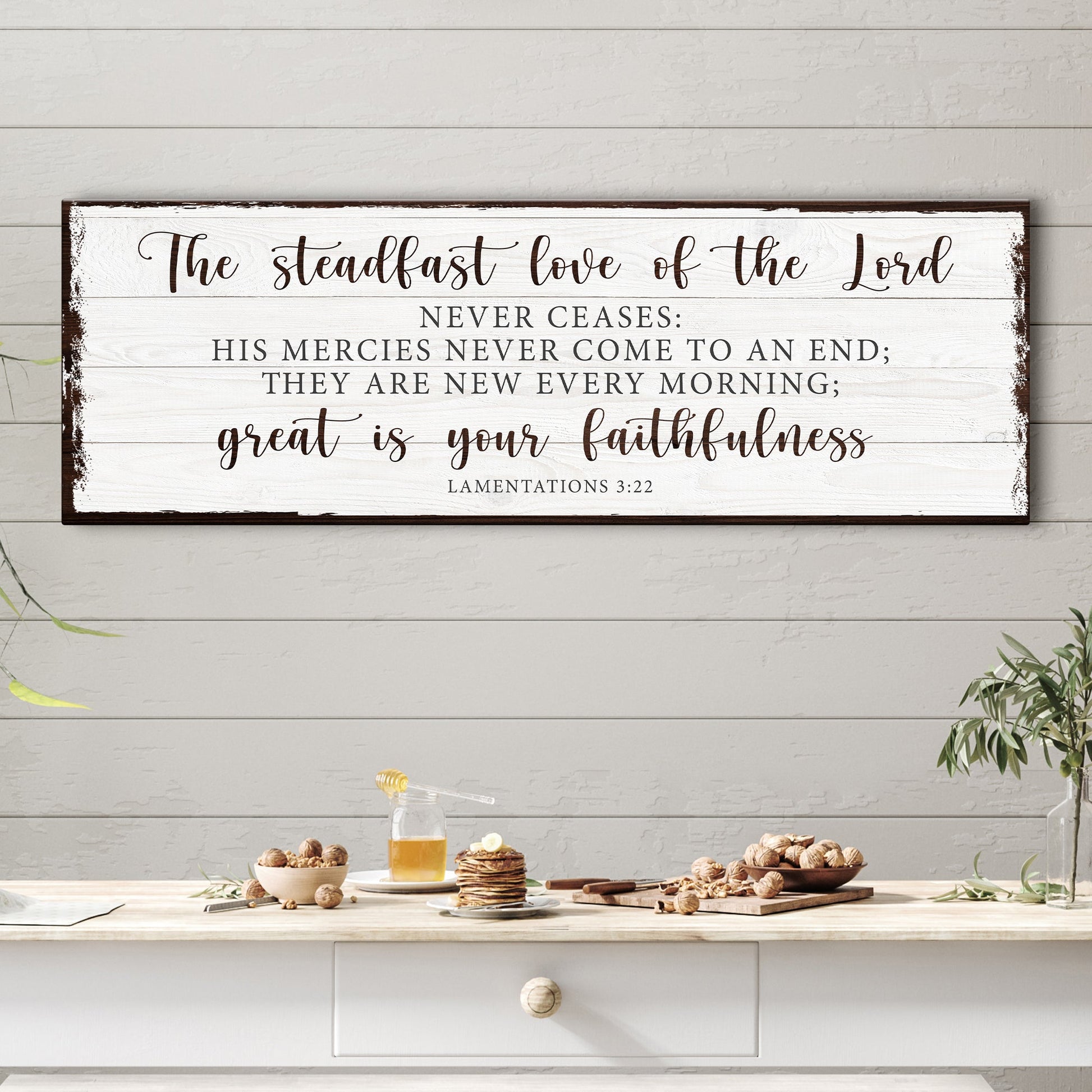 Canvas sign The Steadfast Love Of The Lord Lamentations 3:22 Faith Sign II, white planks Tailored Canvases on Tampa Home & Garden Store