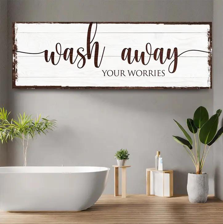 Wash Away Your Worries bathroom sign canvas by Tailored Canvases, whitewashed wood panel on Tampa Home & Garden Store