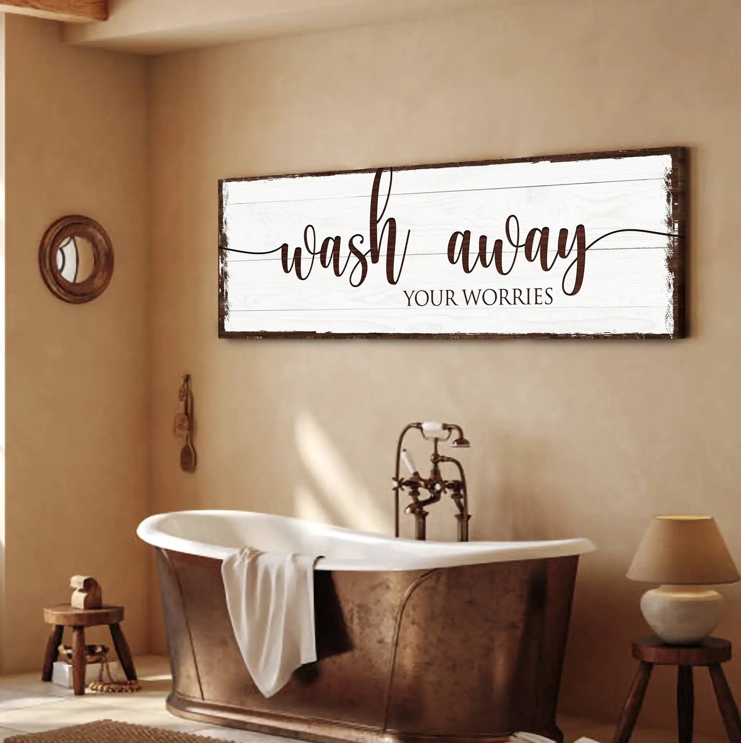 Wash Away Your Worries bathroom sign canvas by Tailored Canvases, white plank with frame on Tampa Home & Garden Store