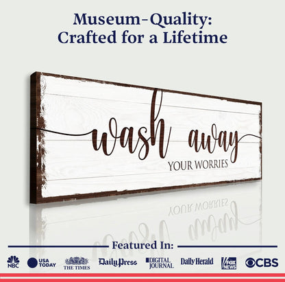 Canvas Tailored Canvases crafting canvas Wash Away Your Worries brown script on white wood on Tampa Home & Garden Store