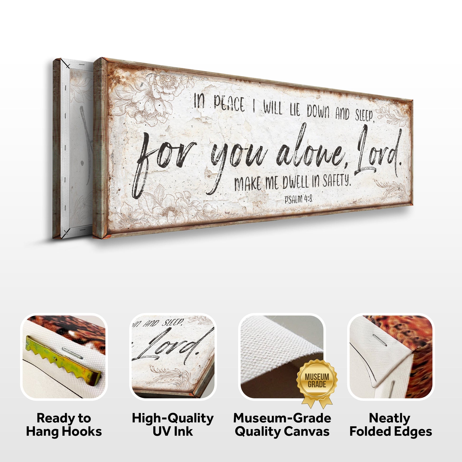 Faith Sign canvas In Peace I Will Lie Down And Sleep Psalm 4:8 rustic frame with florals on Tampa Home & Garden Store