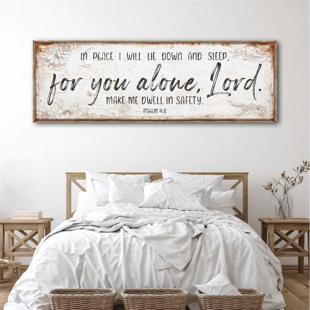 Canvas faith sign by Tailored Canvases, cream distressed background with Psalm 4:8 verse on Tampa Home & Garden Store