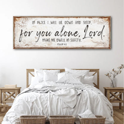 Canvas faith sign by Tailored Canvases, cream distressed background with Psalm 4:8 verse on Tampa Home & Garden Store
