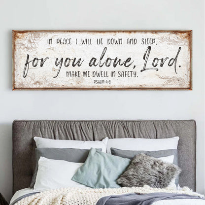 Canvas faith sign with Psalm 4:8, rustic framed beige artwork above a bed on Tampa Home & Garden Store