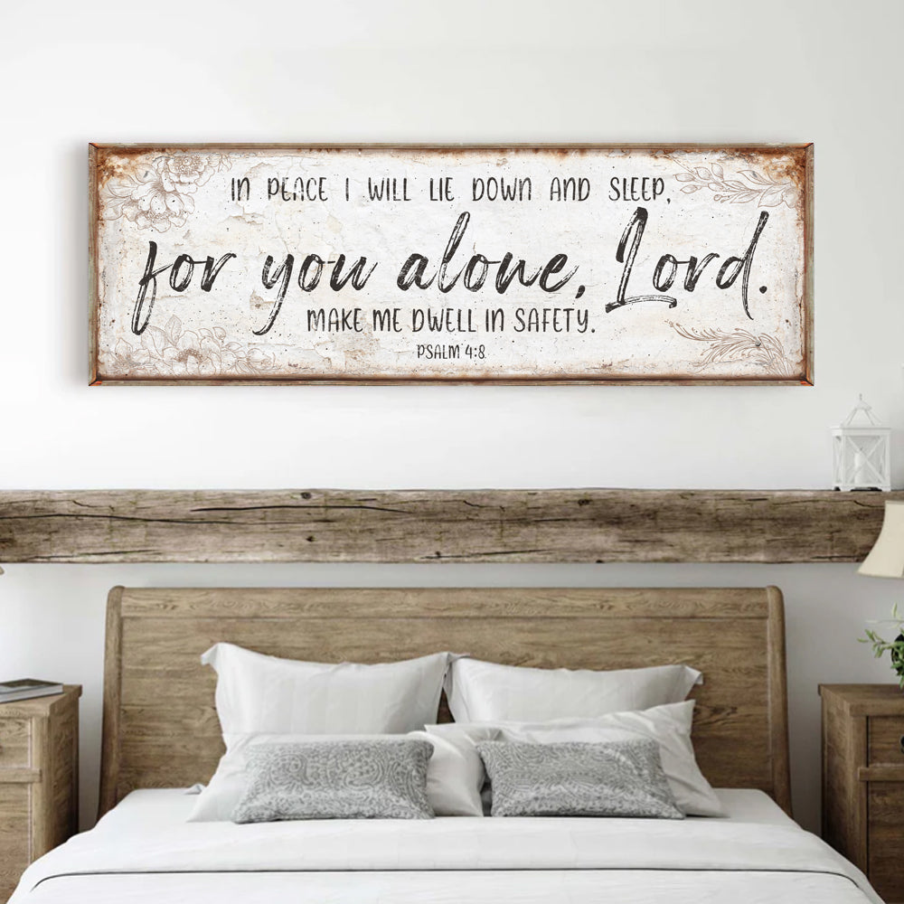 Canvas faith sign wall art with brown frame reading In Peace I Will Lie Down and Sleep for you alone, Lord Psalm 4:8 on Tampa Home & Garden Store