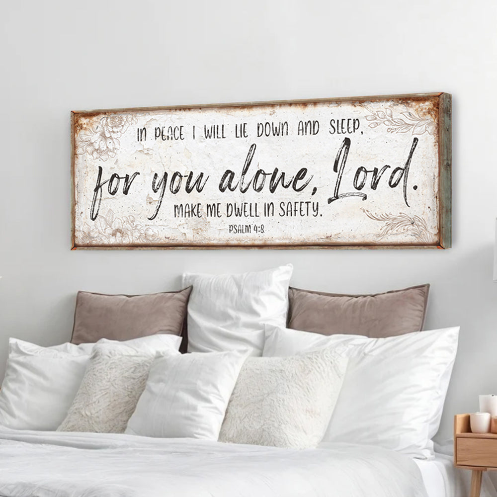 Canvas faith sign wall art with Psalm 4:8, distressed white canvas and rustic wood frame on Tampa Home & Garden Store