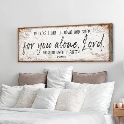 Canvas faith sign wall art with Psalm 4:8, distressed white canvas and rustic wood frame on Tampa Home & Garden Store