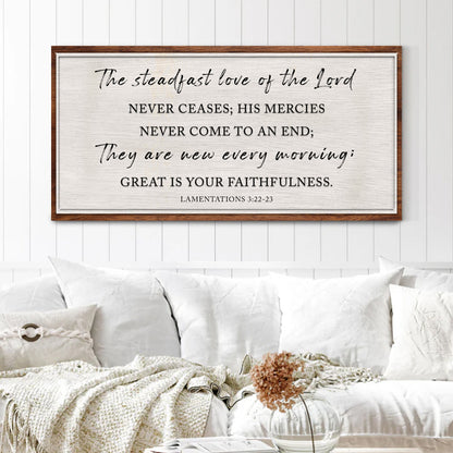 Canvas wall sign with wood frame featuring The Steadfast Love Of The Lord Lamentations 3:22-23 on Tampa Home & Garden Store