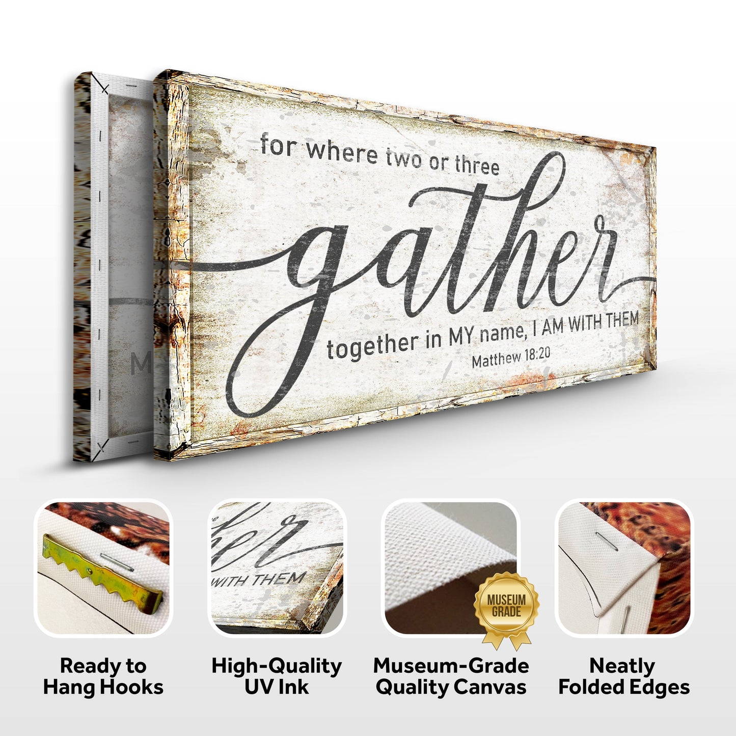 Matthew 18:20 Gather Faith Sign canvas, rustic wood frame with script on weathered canvas on Tampa Home & Garden Store