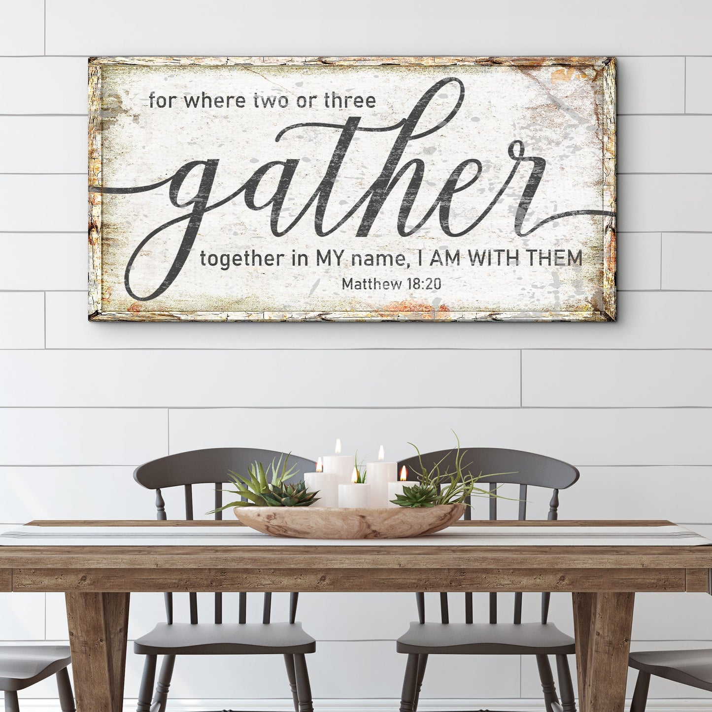 Canvas sign Matthew 18:20 Gather Faith by Tailored Canvases, rustic framed crafting canvas on Tampa Home & Garden Store