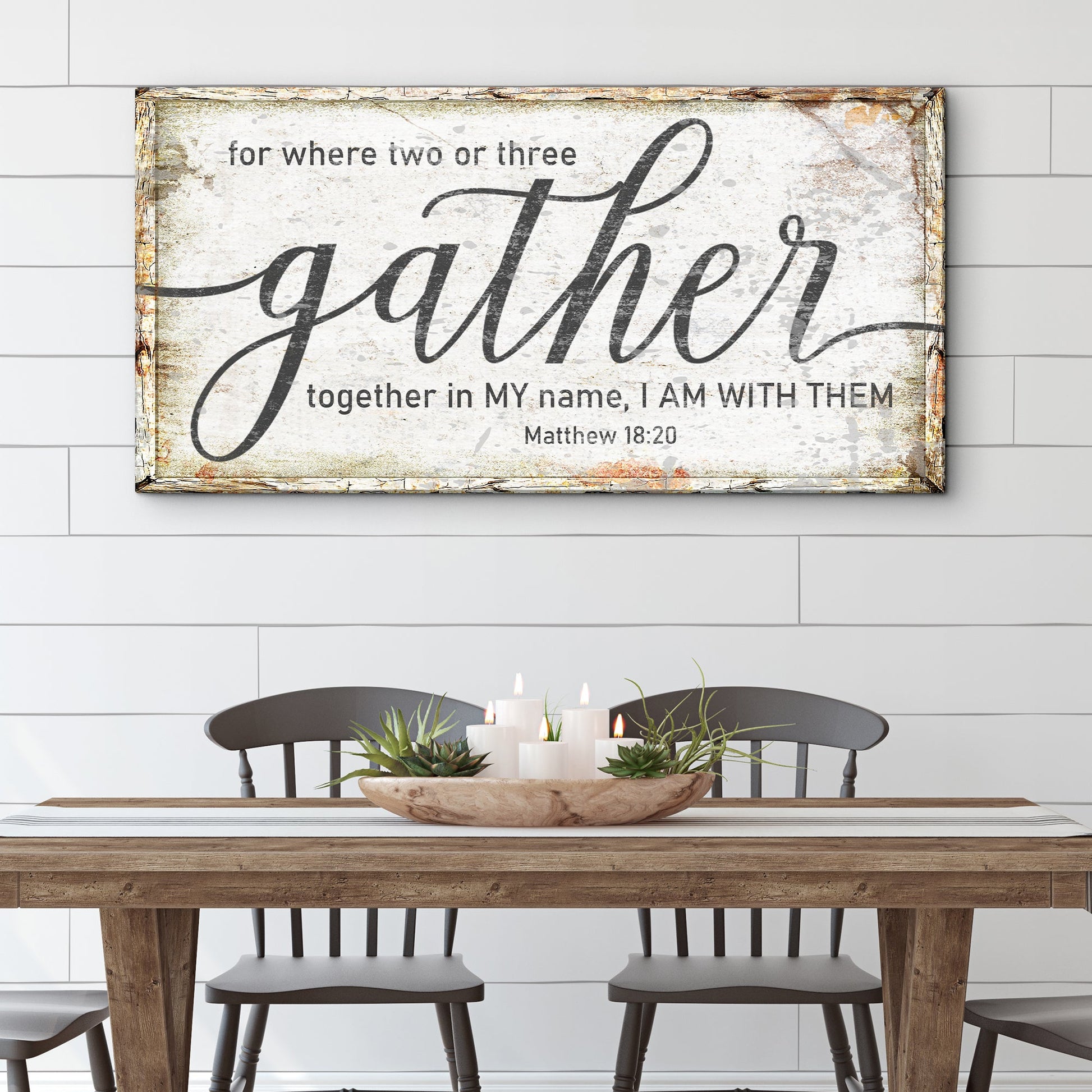 Canvas sign Matthew 18:20 Gather Faith by Tailored Canvases, rustic framed crafting canvas on Tampa Home & Garden Store