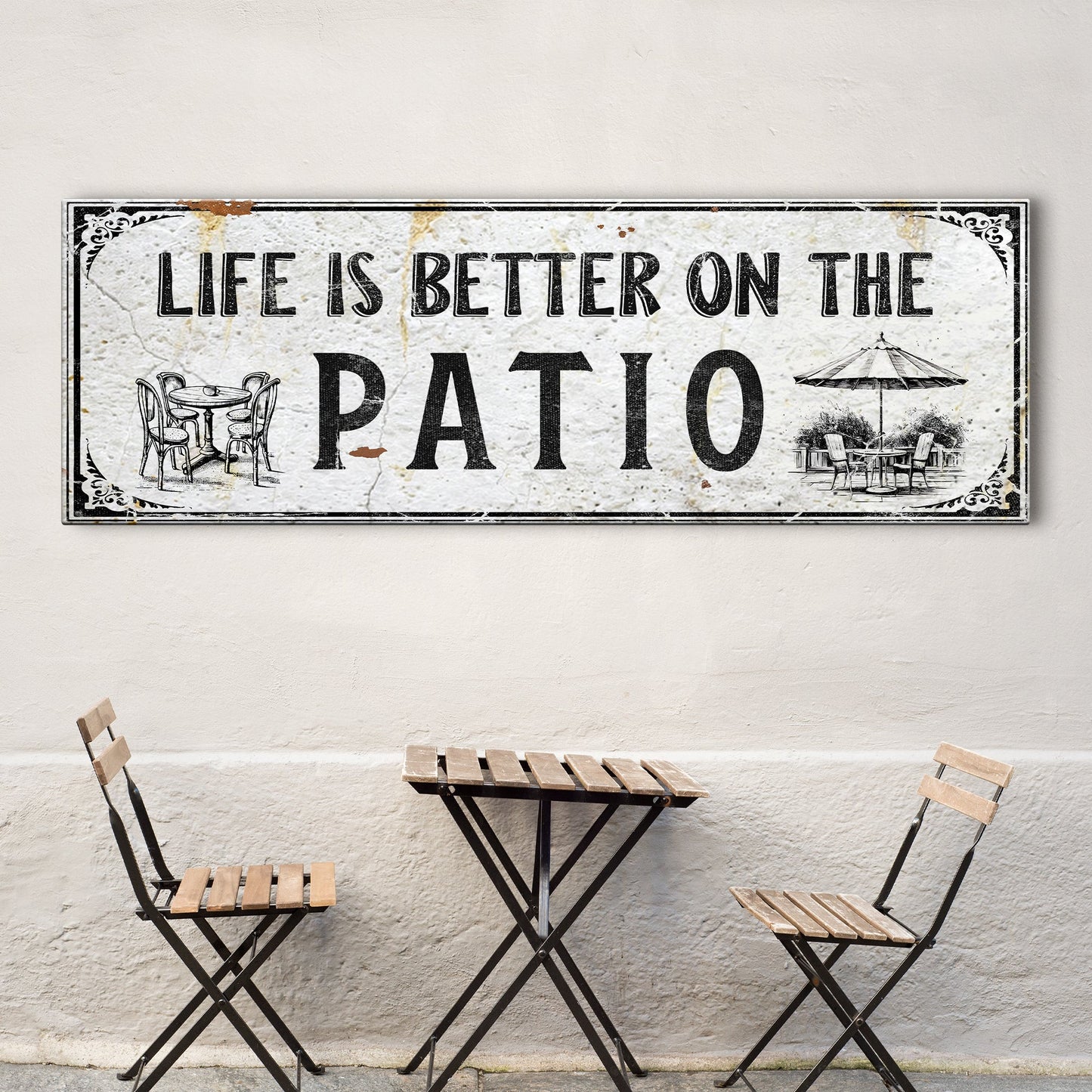 Life Is Better On The Patio Sign IV canvas by Tailored Canvases, white distressed surface on Tampa Home & Garden Store