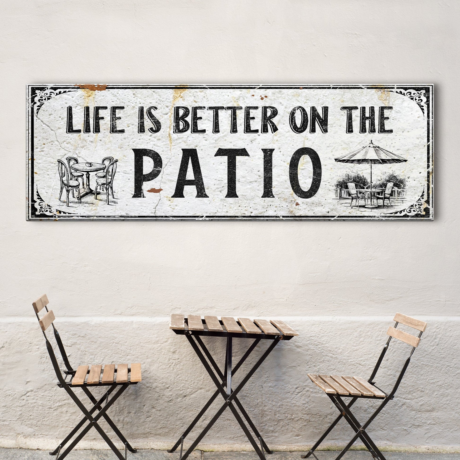 Life Is Better On The Patio Sign IV canvas by Tailored Canvases, white distressed surface on Tampa Home & Garden Store