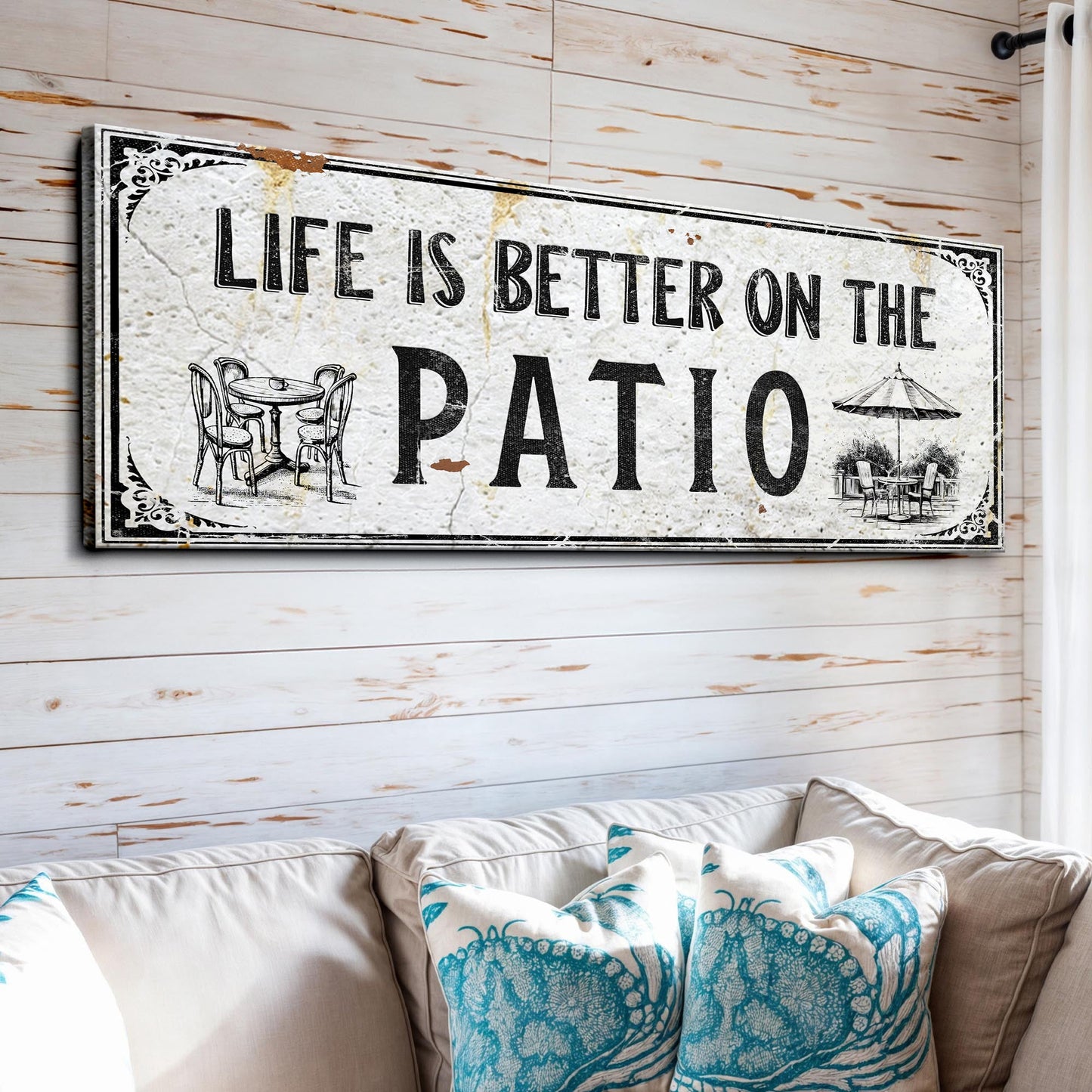 Life Is Better On The Patio Sign IV canvas crafting sign with distressed white background on Tampa Home & Garden Store