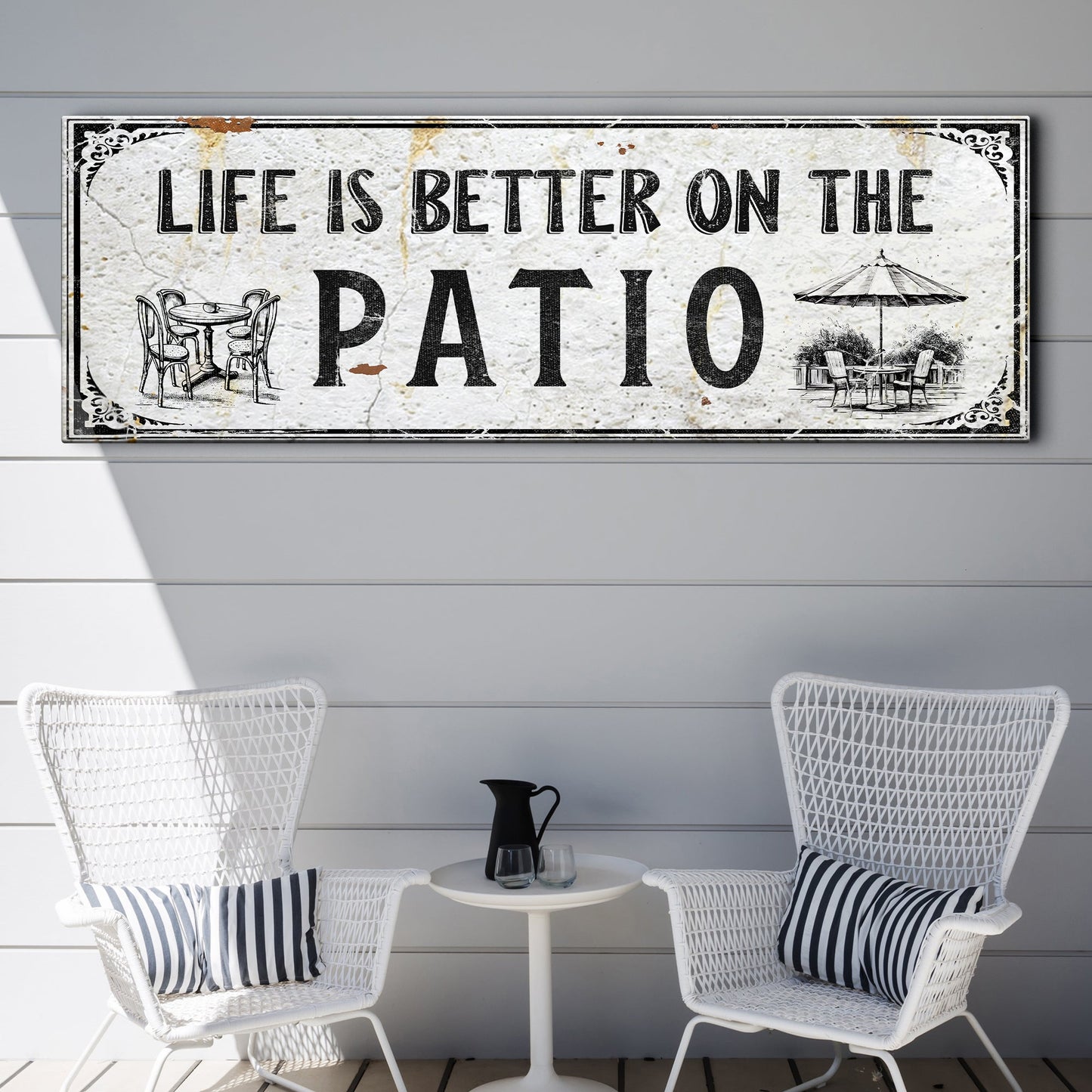 Life Is Better On The Patio Sign IV canvas with vintage distressed look and patio umbrella illustration on Tampa Home & Garden Store