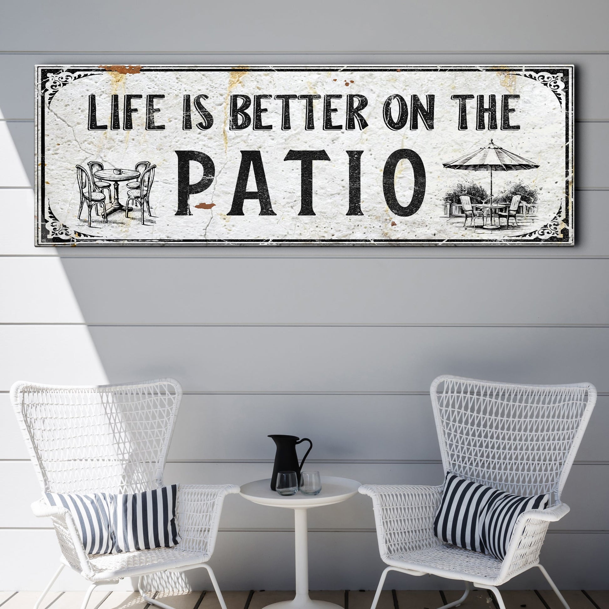 Life Is Better On The Patio Sign IV canvas with vintage distressed look and patio umbrella illustration on Tampa Home & Garden Store