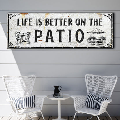 Life Is Better On The Patio Sign IV canvas with vintage distressed look and patio umbrella illustration on Tampa Home & Garden Store
