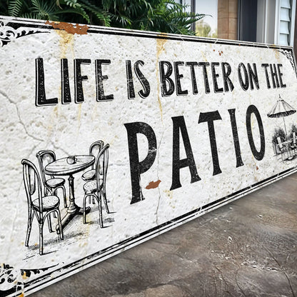 Life Is Better On The Patio Sign IV canvas crafting sign with distressed white surface and bold black typography Tailored Canvases on Tampa Home & Garden Store
