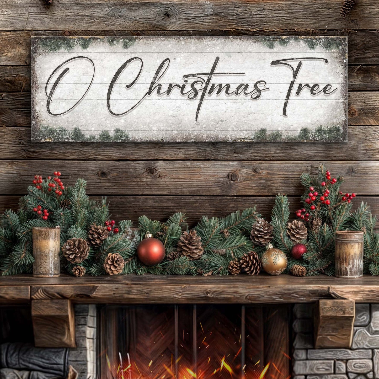 O Christmas Tree canvas sign with weathered wood background and pine garland on Tampa Home & Garden Store