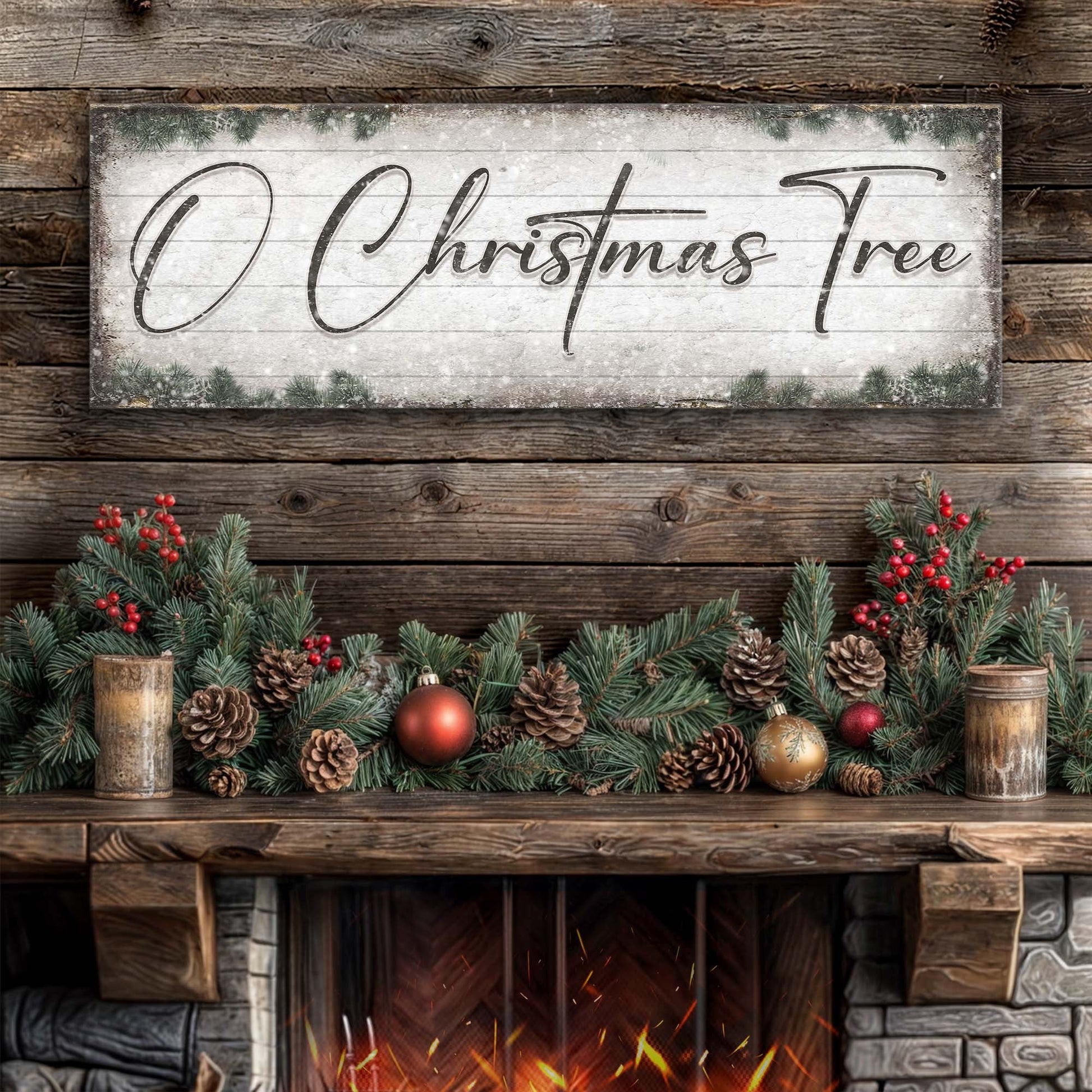 O Christmas Tree canvas sign with weathered wood background and pine garland on Tampa Home & Garden Store