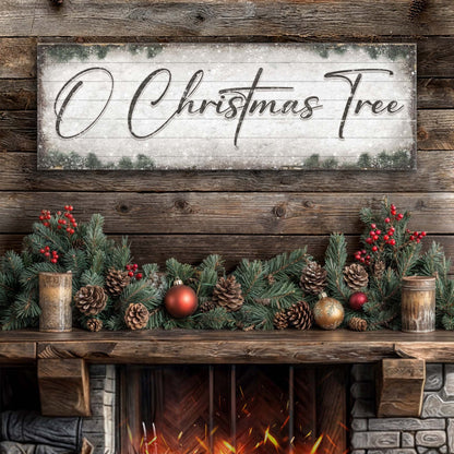 O Christmas Tree canvas sign with weathered wood background and pine garland on Tampa Home & Garden Store