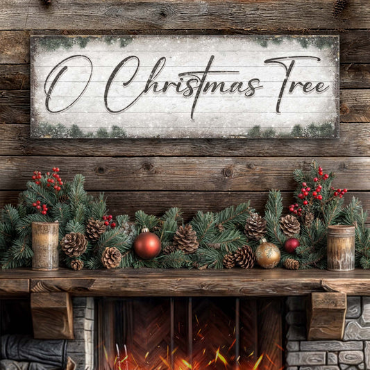 O Christmas Tree canvas sign with weathered wood background and pine garland on Tampa Home & Garden Store