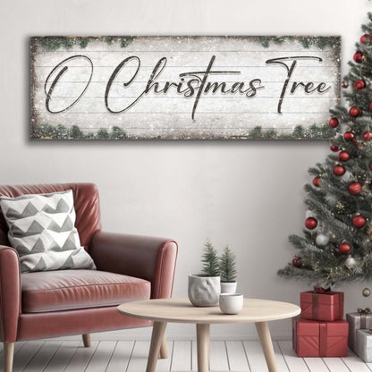 Canvas crafting sign reading O Christmas Tree on a rustic wood backdrop with pine garland on Tampa Home & Garden Store