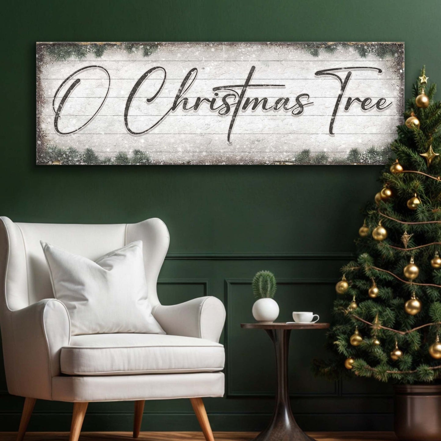 O Christmas Tree wood canvas sign with rustic whitewashed planks and pine border on Tampa Home & Garden Store