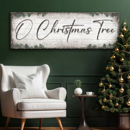 O Christmas Tree wood canvas sign with rustic whitewashed planks and pine border on Tampa Home & Garden Store