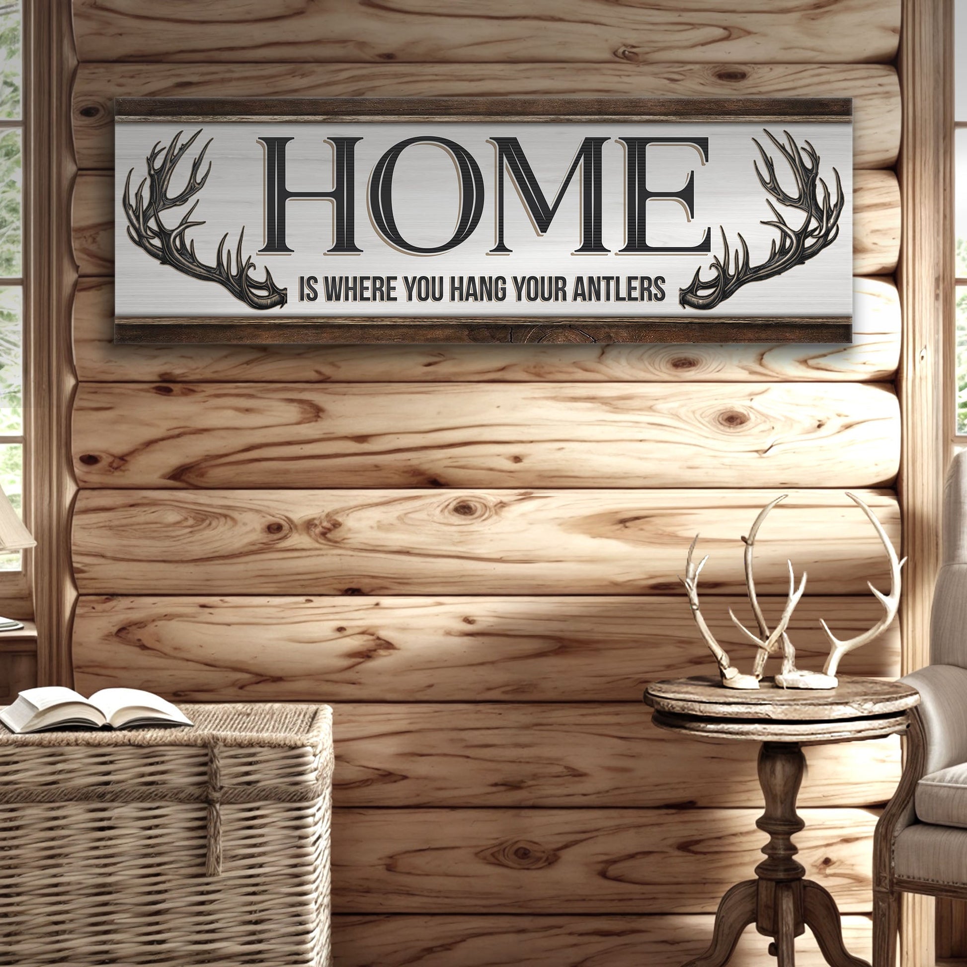 Home Is Where You Hang Your Antlers sign canvas with rustic gray panel and antler accents on Tampa Home & Garden Store