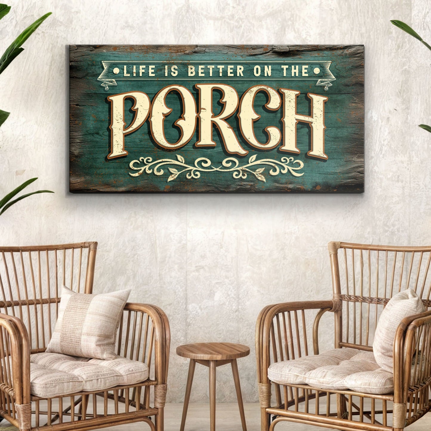 Canvas sign Life Is Better On The Porch Sign III with teal distressed wood by Tailored Canvases on Tampa Home & Garden Store