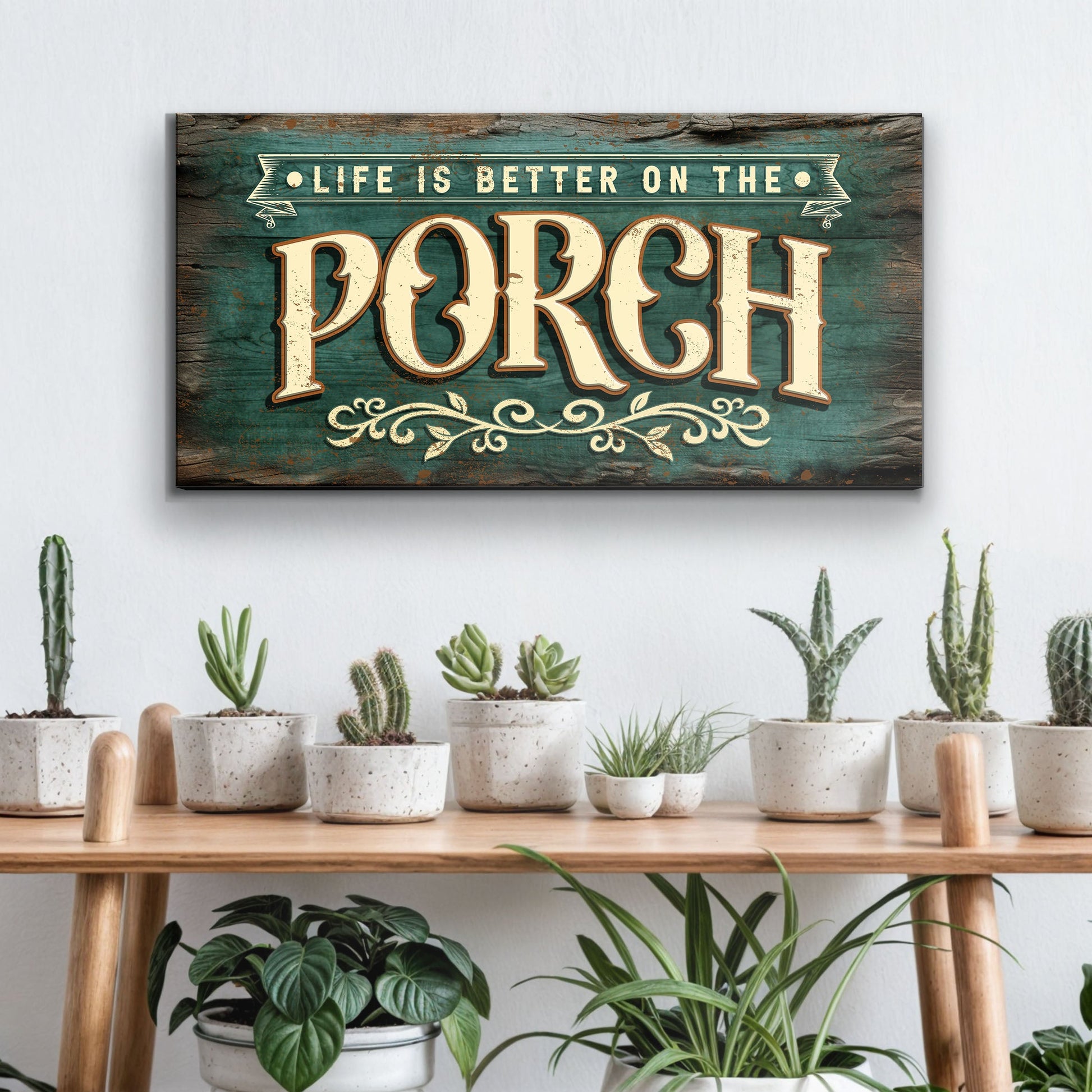 Life Is Better On The Porch Sign III canvas by Tailored Canvases with teal woodgrain backdrop on Tampa Home & Garden Store