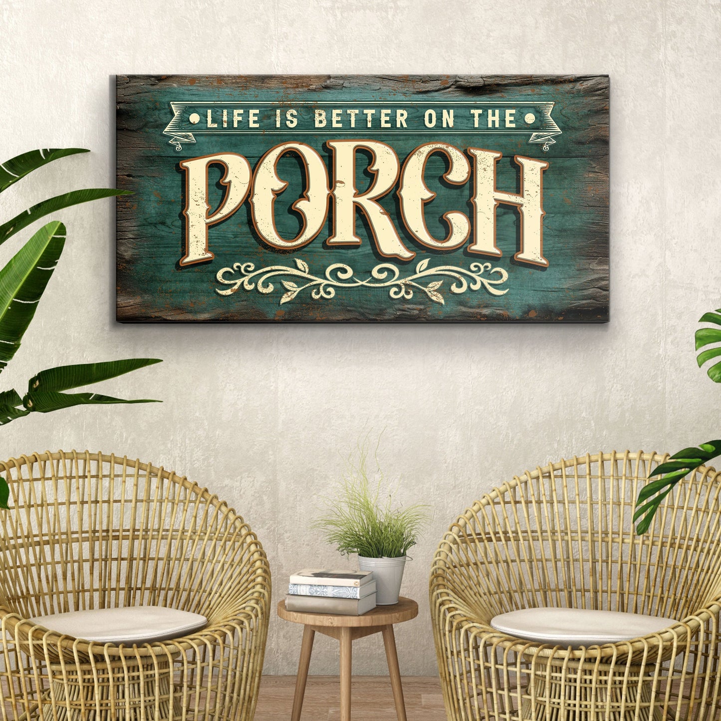 Life Is Better On The Porch Sign III canvas with teal distressed backdrop and cream letters on Tampa Home & Garden Store